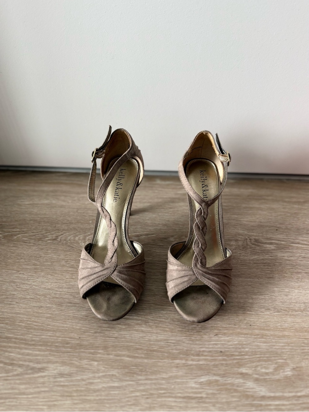Kelly & Katie Taupe Braided T-Strap Heels